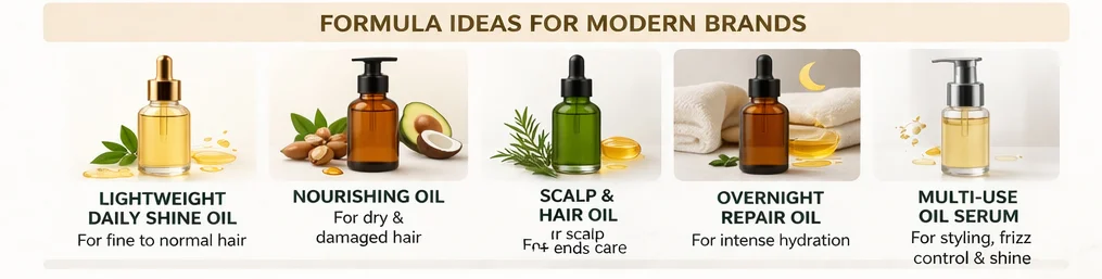 Five different hair oil products with descriptions for various hair types and uses, ideal for modern brands.